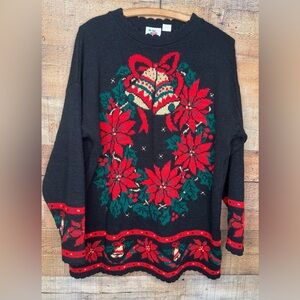 Vintage Ugly Christmas Sweater Nutcracker 90s Poinsettias Bells Large Tacky Knit